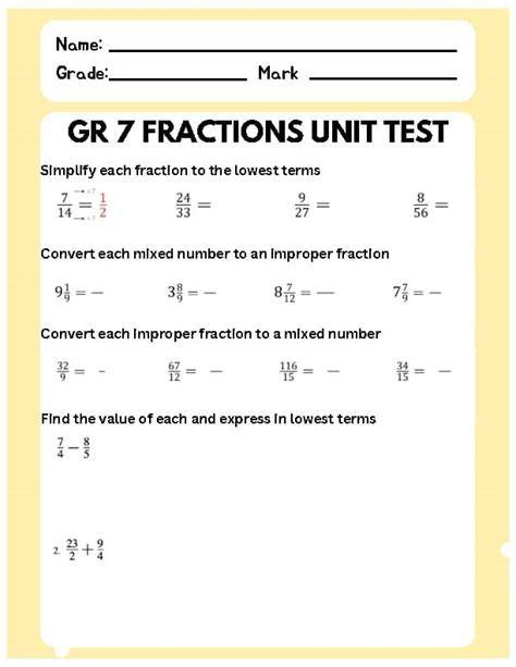 fractions unit test grade 7