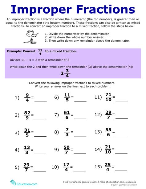 Fractions Worksheets Converting Improper Fractions And Mixed Numbers Grade 3 Improper Fractions Worksheet - Grade 3 Improper Fractions Worksheet