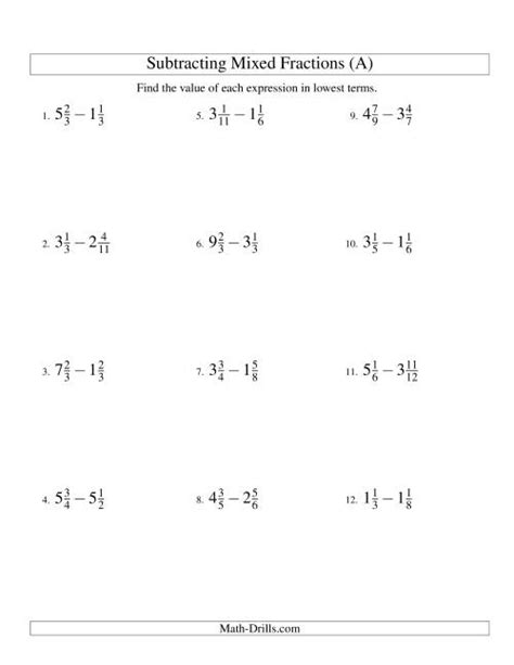 Fractions Worksheets Math Drills Subtracting Mixed Fractions Worksheet - Subtracting Mixed Fractions Worksheet