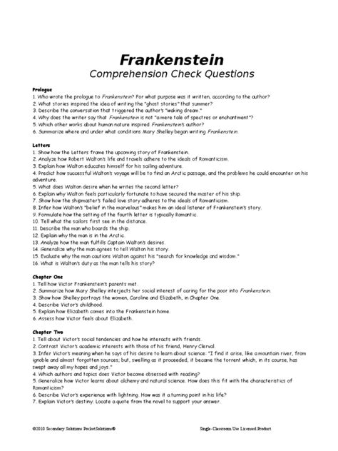 frankenstein comprehension questions answer sheet