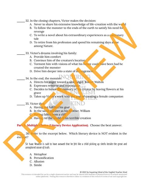 Frankenstein Test And Answer Key