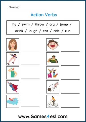 Free Action Verb Worksheets Games4esl Action Verb Worksheets For Kindergarten - Action Verb Worksheets For Kindergarten