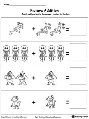 Free Addition With Pictures Animals Myteachingstation Com Kindergarten Mammal Addition Math Worksheet - Kindergarten Mammal Addition Math Worksheet