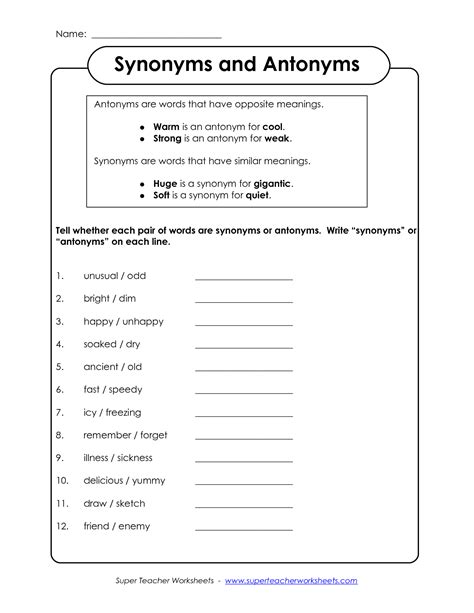 Free Antonyms And Synonyms Worksheets Antonym Synonym Worksheet 2nd Grade - Antonym Synonym Worksheet 2nd Grade