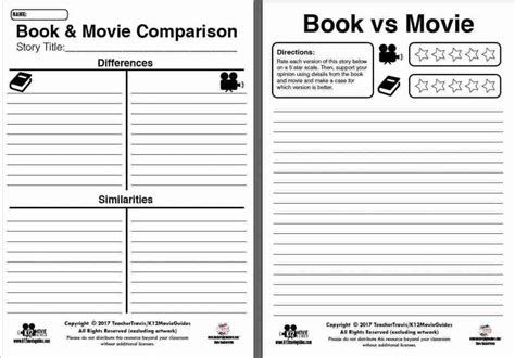 Free Book Amp Movie Comparison Graphic Organizer Worksheet Movie Vs Book Worksheet - Movie Vs Book Worksheet