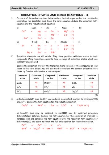 Free Chemistry Revision Redox Reactions Including Oxidation Tes Redox Reactions Worksheet Answers - Redox Reactions Worksheet Answers