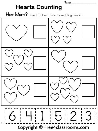 Free Counting Hearts Math Worksheet 1 To 6 Counting Cut And Paste - Counting Cut And Paste