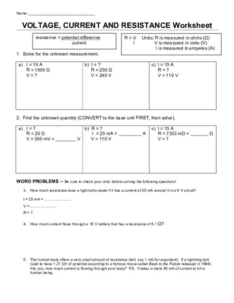 Free Current Voltage And Resistance Worksheet Answers Twinkl Voltage Current And Resistance Worksheet Answers - Voltage Current And Resistance Worksheet Answers