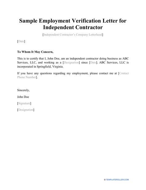 free employment verification letter for independent contractor excel