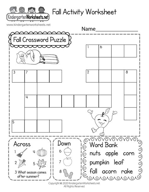Free Fall Crossword Puzzle Worksheet Kindergarten Worksheets Kindergarten Crosswords - Kindergarten Crosswords