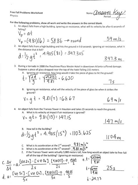 free fall problems answer key