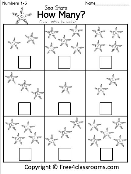 Free Kindergarten Math Worksheet Sea Star Number Counting Star Math Worksheets - Star Math Worksheets