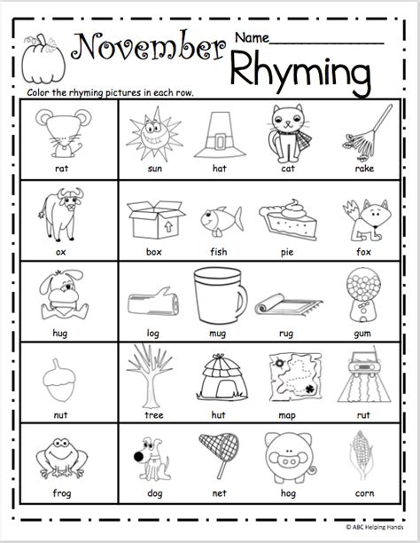 Free Kindergarten Rhyming Worksheets For November Made By Rhyming Worksheet For Kindergarten - Rhyming Worksheet For Kindergarten