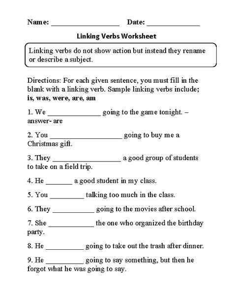 Free Linking Verb Worksheets 4th Grade Linking Verb Worksheet - Linking Verb Worksheet