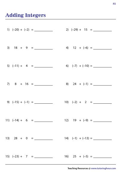 Free Printable Adding Integers Worksheets Pdfs Brighterly Printable Adding Integers Worksheet - Printable Adding Integers Worksheet