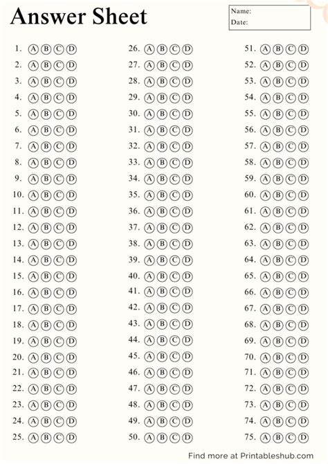 free printable answer sheet 1 50