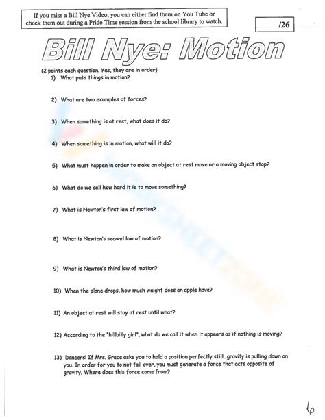 Free Printable Bill Nye Motion Worksheets For Students Science Forces And Motion Worksheets - Science Forces And Motion Worksheets