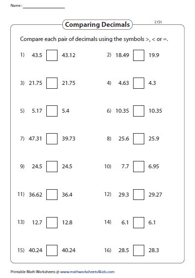 Free Printable Comparing Decimals Worksheets Quizizz Compare Decimals Worksheet - Compare Decimals Worksheet