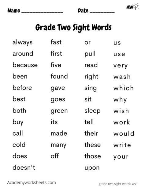 Free Printable Grade 2 Dolch Sight Word List Dolch Word List Grade 2 - Dolch Word List Grade 2