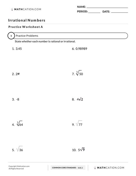 Free Printable Irrational Numbers Worksheets For 8th Grade Rational Irrational Worksheet - Rational Irrational Worksheet