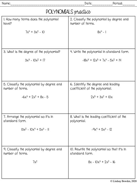 Free Printable Polynomial Operations Worksheets For 10th Grade Polynomials Worksheet Grade 10 - Polynomials Worksheet Grade 10