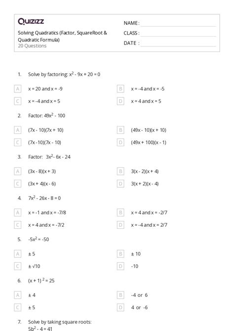 Free Printable Quadratic Worksheets For 9th Grade Quizizz Math Worksheets Grade 9 - Math Worksheets Grade 9