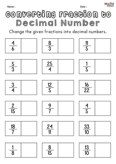 Free Printable Worksheets For Converting Fractions Into Decimals Converting Fractions To Decimals Worksheet - Converting Fractions To Decimals Worksheet
