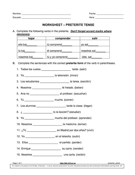 Free Spanish Worksheet Preterite Tense Ar Preterite Worksheet - Ar Preterite Worksheet