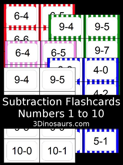 Free Subtraction Flashcards 1 To 10 3 Dinosaurs Subtraction Flashcards - Subtraction Flashcards
