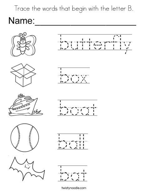 Free Trace Words That Begin With Letter Sound Preschool Words That Start With B - Preschool Words That Start With B