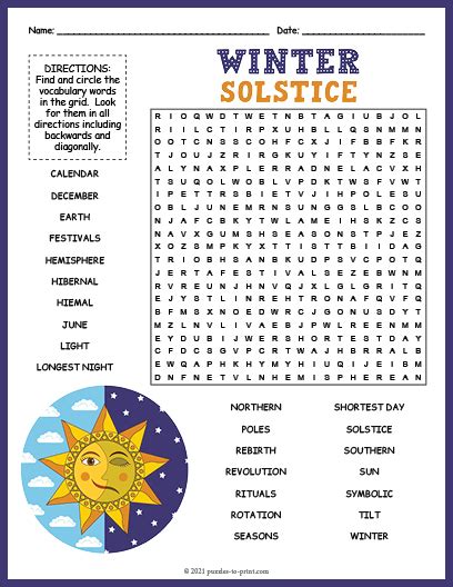 Free Winter Solstice Word Search Puzzle Worksheet Activity Winter Solstice Worksheet - Winter Solstice Worksheet
