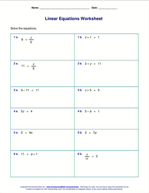 Free Worksheets For Linear Equations Grades 6 9 One Equations 7th Grade Worksheet - One Equations 7th Grade Worksheet