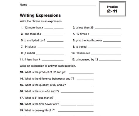 Free Worksheets For Writing Expressions With Variables Grades Writing Expressions 5th Grade Worksheet - Writing Expressions 5th Grade Worksheet