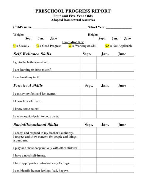 Download Free Sample Preschool Report Cards 
