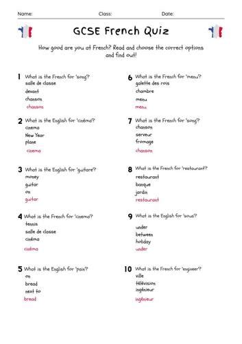 french multiple choice questions for cxc