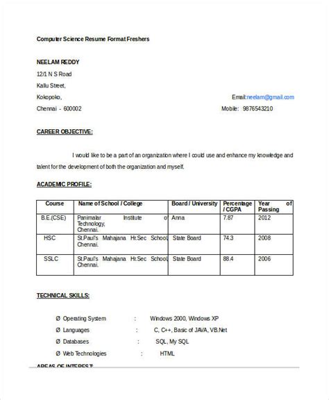 Read Fresher Computer Science Engineer Resume Samples Doc File Type Pdf 