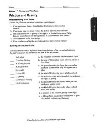 friction and gravity answer sheet