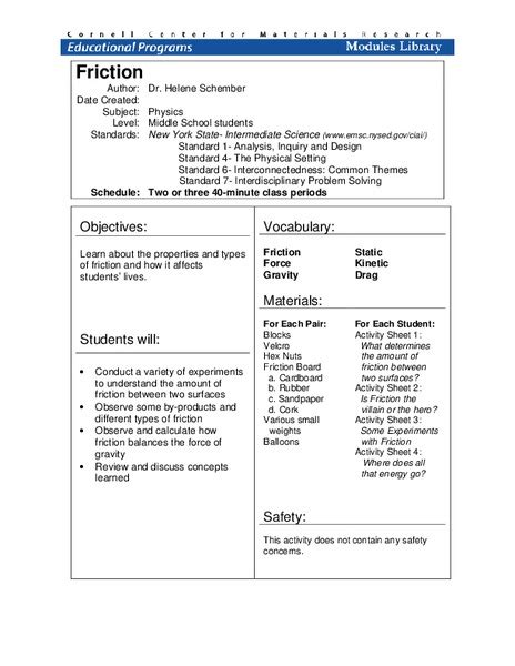 Friction Lesson Plan For 6th 8th Grade Lesson Friction Worksheet For 8th Grade - Friction Worksheet For 8th Grade