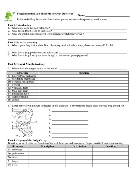 Frog Dissection Lab Analysis Questions