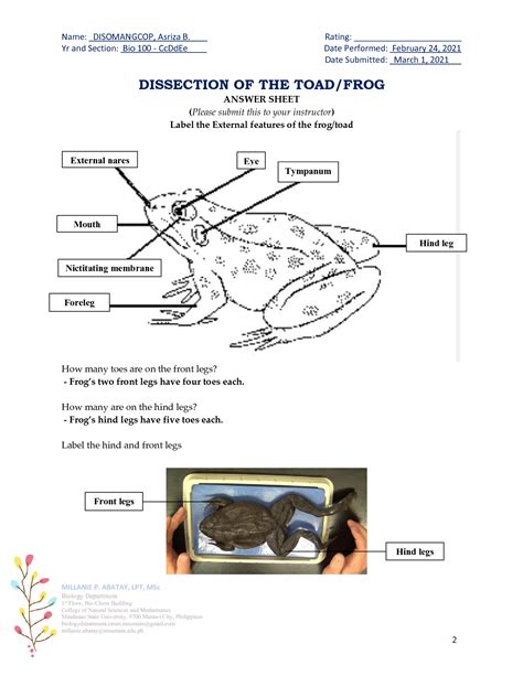 Frog Dissection Pre Lab Answers