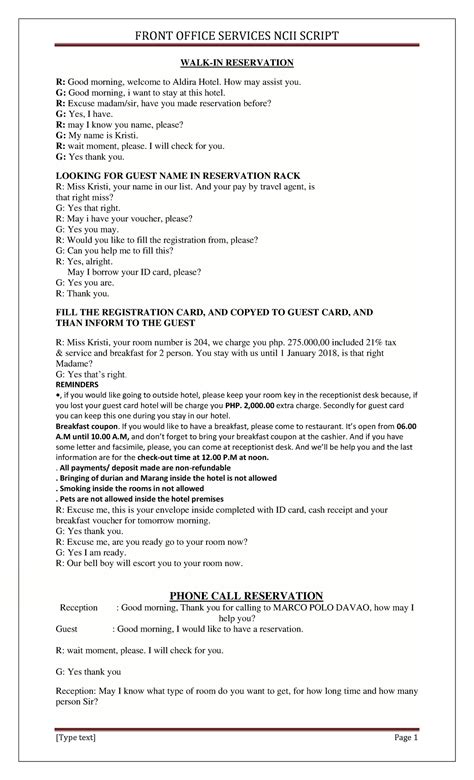 front office reservation conversation script about biography