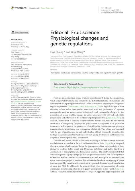 Fruit Science Physiological Changes And Genetic Regulations Frontiers Fruit Science - Fruit Science
