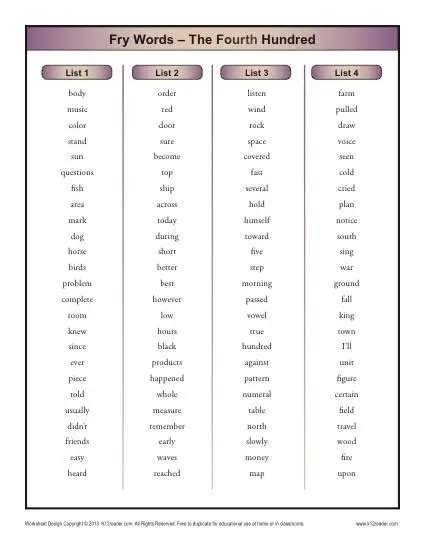 Fry Word List Fourth 100 Printable Sight Word Fry 4th Grade Sight Words - Fry 4th Grade Sight Words