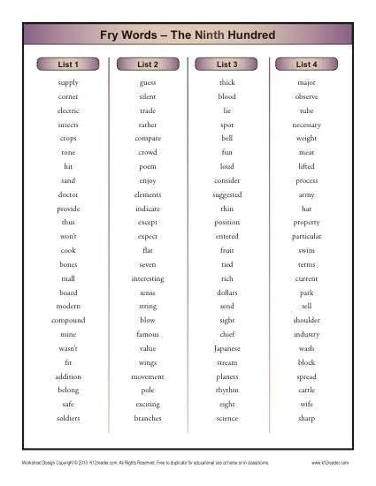 Fry Word List Ninth 100 Printable Sight Word Fry Words Grade Level - Fry Words Grade Level