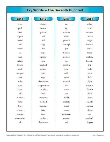 Fry Word List Seventh 100 Printable Sight Word Seventh Grade Sight Words - Seventh Grade Sight Words
