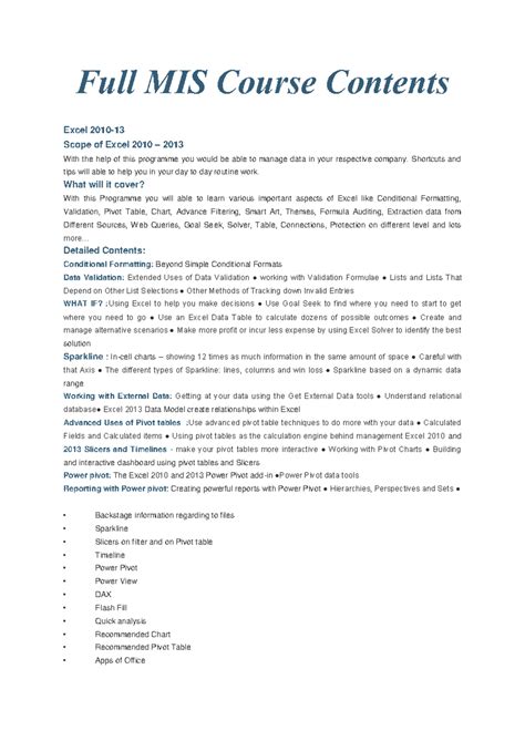 Full Mis Course Contents Excel Prince