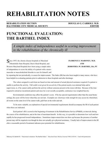 Functional Evaluation The Barthel Index