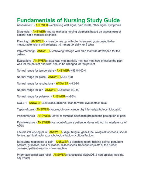Fundamentals Nursing Study Guide Answer Key