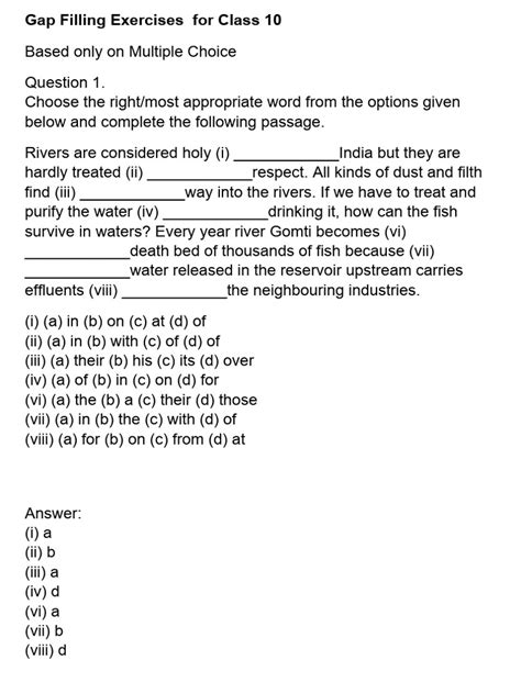 Gap Filling Exercises For Class 9