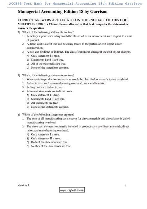 Garrison Managerial Accounting Multiple Choice Questions